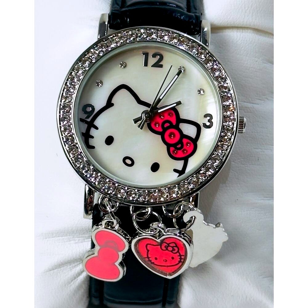 Hello Kitty Watch Silver Crystal Bezel Black Leather Strap‎ Y2K